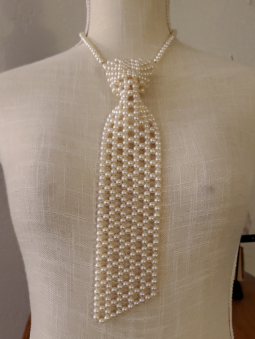 Vintage Faux Pearl Tie Necklace in Cream Signed Hong Kong